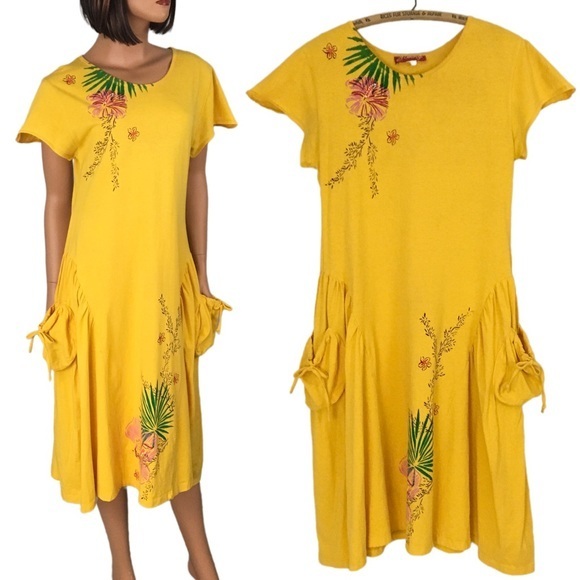 Vintage Dresses & Skirts - Vintage 90’s Yellow Swing Dress Floral Hand Painted Hawaiian Pockets Women M